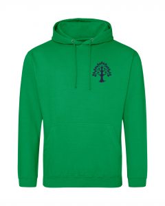 Hoodie grün mit blauem Aufdruck