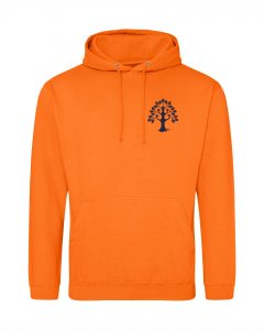 Hoodie orange mit blauem Aufdruck
