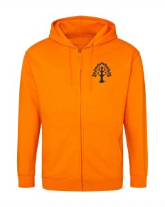 Sweatjacke orange mit blauem Aufdruck